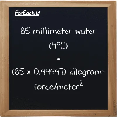 How to convert millimeter water (4<sup>o</sup>C) to kilogram-force/meter<sup>2</sup>: 85 millimeter water (4<sup>o</sup>C) (mmH2O) is equivalent to 85 times 0.99997 kilogram-force/meter<sup>2</sup> (kgf/m<sup>2</sup>)